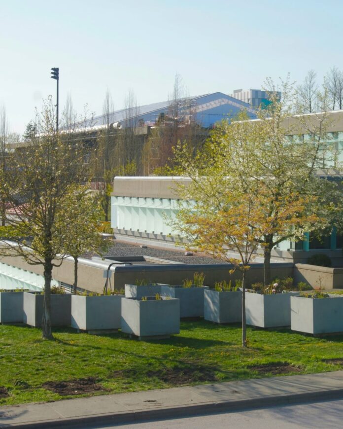 burnaby_learning_garden_embark This is a photo of garden plots, which look like big, tall aluminum cubes, on a sunny day with small trees in front of the plots.