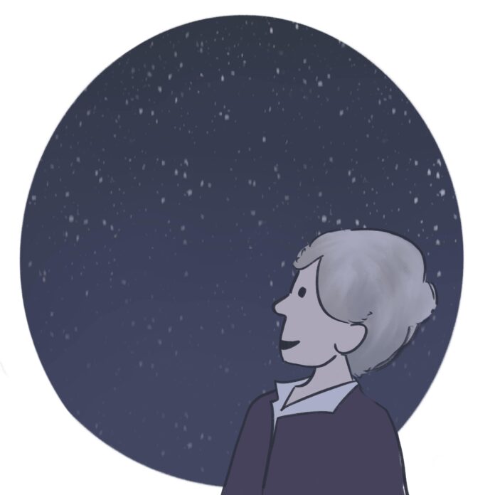 Illustration of SFU president Joy Johnson looking up at a sky full of stars.