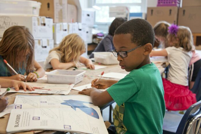 pexels-cdc-library-3992949 photo of a k-12 classroom, kids raising hands or writing while a teacher stands at the front