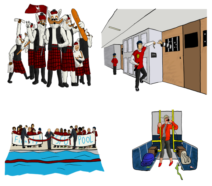 1) Seven individuals dressed as McFogg, holding an assortment of baguettes and SFU flags. (2) A group of individuals standing behind a ribbon-cutting ceremony for the SFU pool. The pool is located directly in front of the ribbon. (3) SFU student prison guards taunting students locked inside of a dark and gloomy cell (4) SFU president Joy Johnson standing between two poles in the bus. She is holding a microphone.