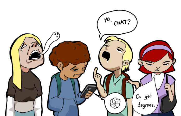 A group reviewing assignments saying short things like ""hello, ChatGPT!"" or similar sentiments. They are only interested in getting their degrees. They look rushed, disheveled.