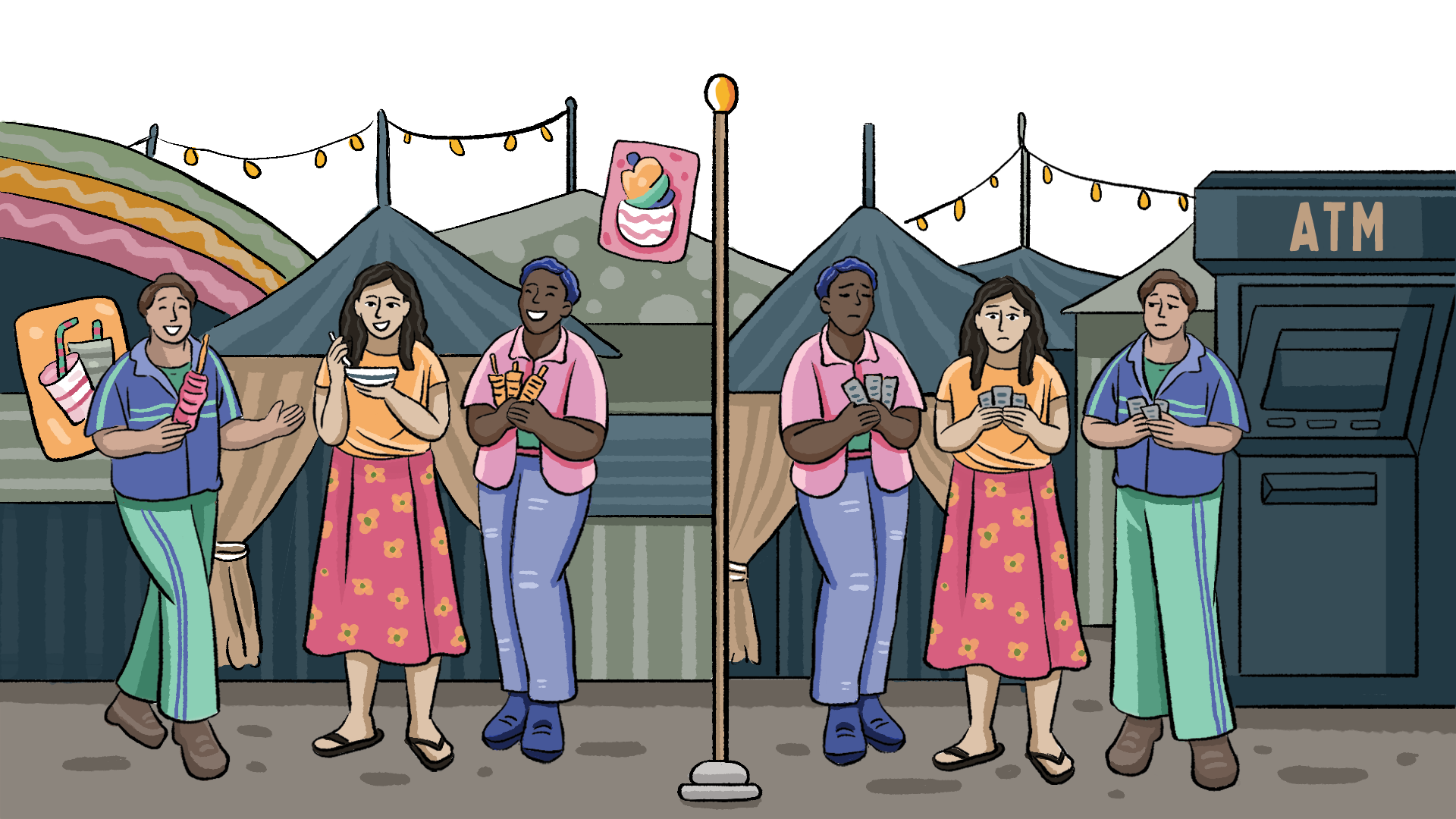 The photo shows a visitor to the RNM with their back turned to the camera, browsing what seems like a stall selling handmade craft items, including flowers. There are a few more visitors to the side, and the center stall is surrounded by two more