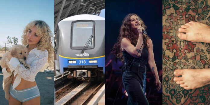 A composite photo of Sabrina Carpenter holding a dog, a SkyTrain, a photo of Alanis Morissette singing, and someone’s feet.