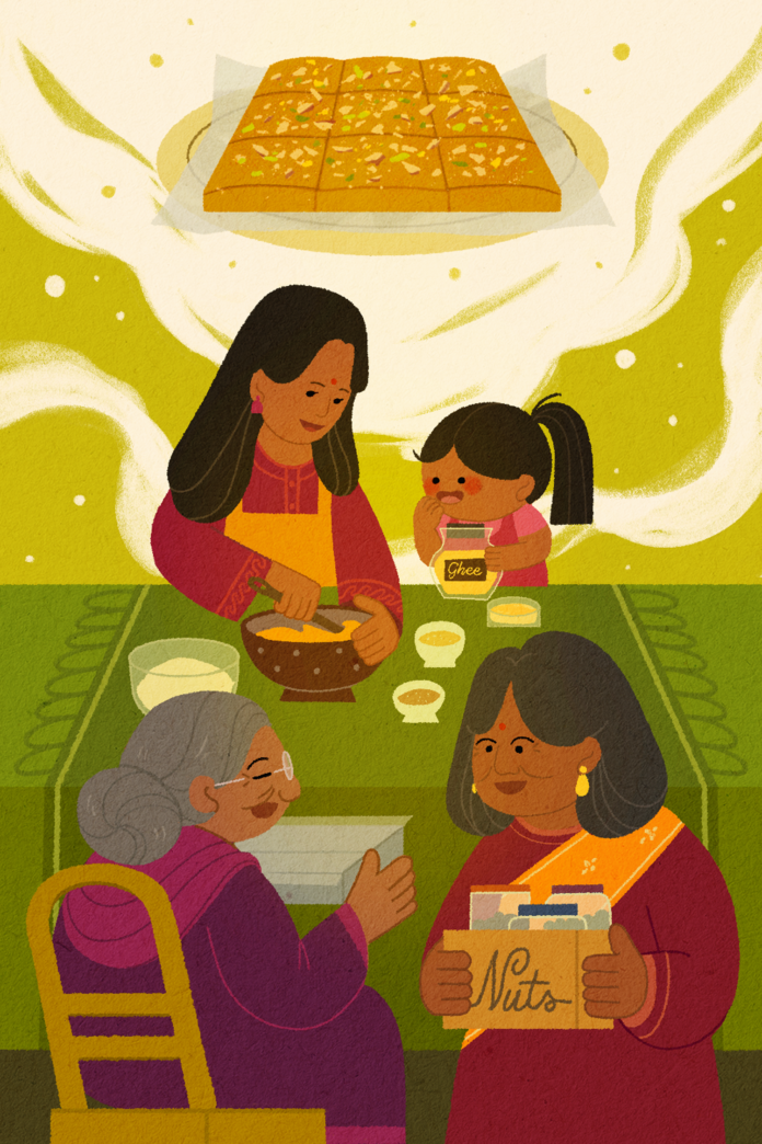 CassandraNguyen-CulturalCandy ILLUSTRATION: Four generations of women preparing candy. The piece is about a tradition of passing down a family candy recipe, so maybe like a cute and warm tone? The candy being made is Besan ki Barfi