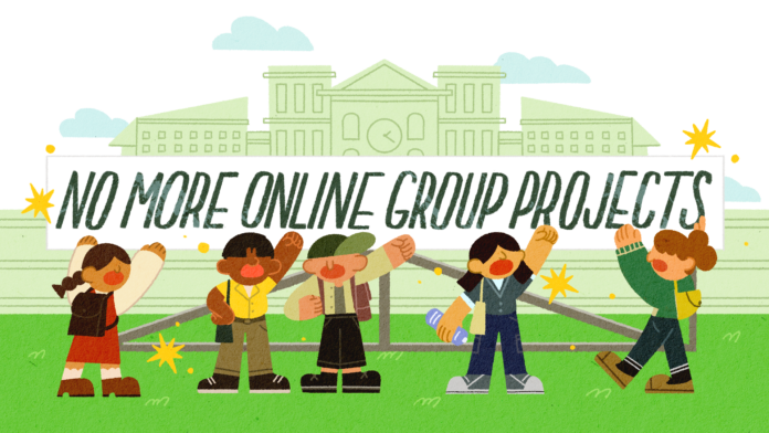 CassandraNguyen-OnlineGroupProject An illustration of a group of students huddled in a protest outside a university with signs that read: “No More Online Group Projects”