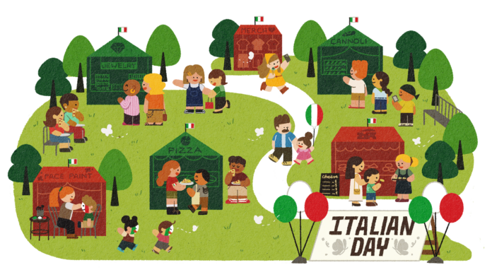 This is an illustration of the Italian Day celebrations, complete with food stalls and performances, with visitors walking around