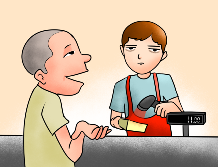 CliffEbora-EmotionalTollOfCustomerService An illustration that depicts a grocery store associate, talking to a customer during checkout