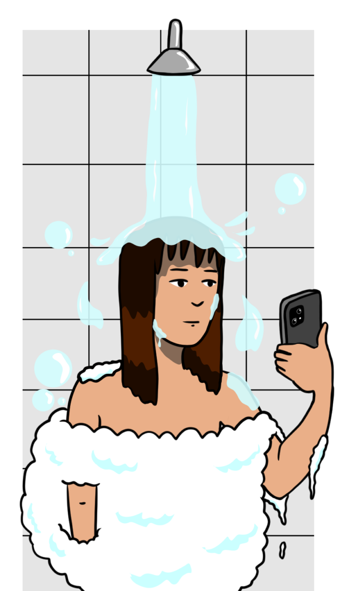 An illustration of a person standing in a shower under a water stream, covered with soap bubbles, looking at a phone screen held in front of their face with a tired look on their face.