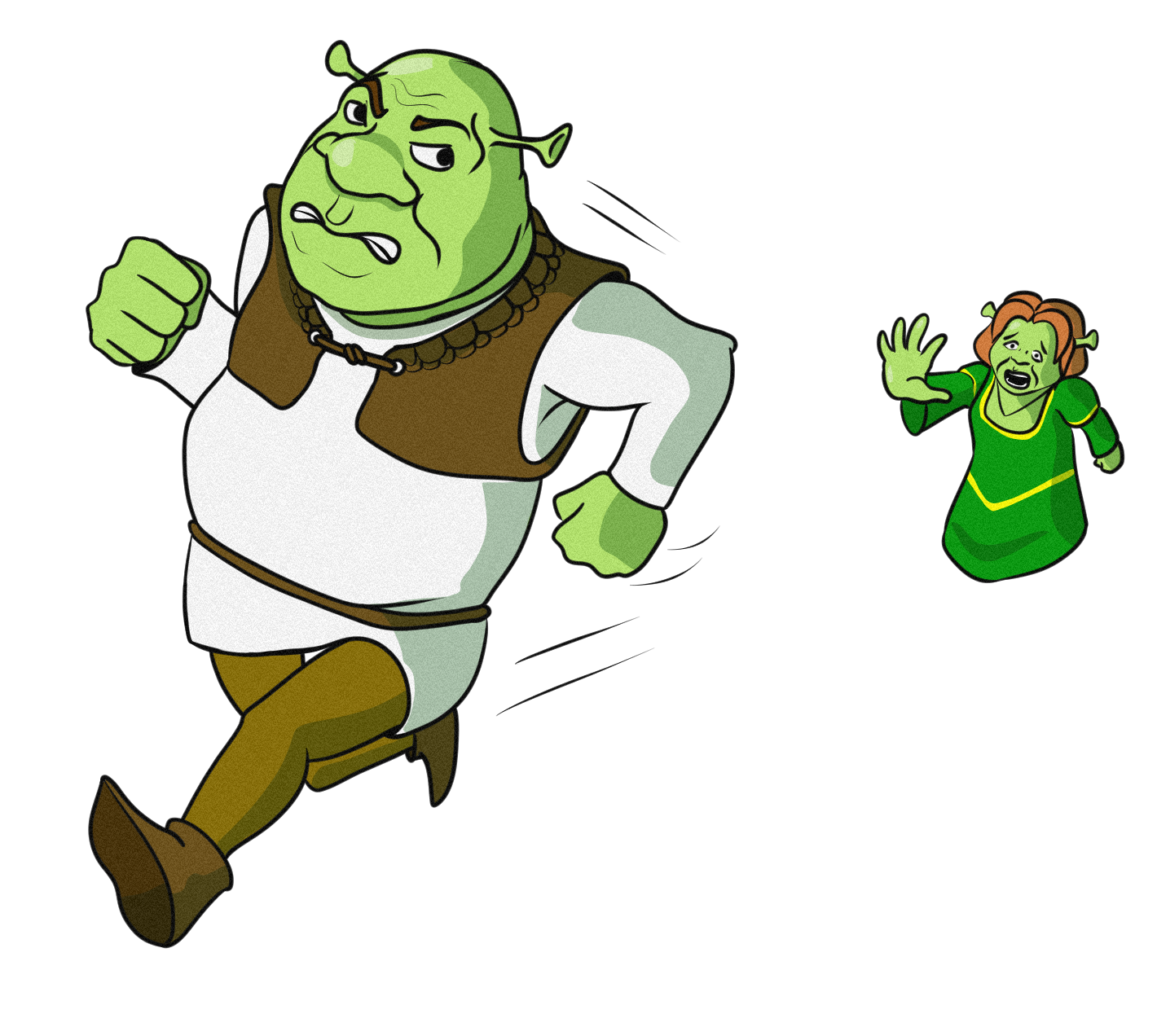 Shrek running away from Fiona. Both are in ogre form.