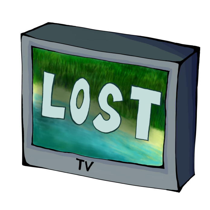 StellaLaurino_RecessionIndicators2 a photo of a television set with the island from Lost on it. The words “Lost” are on the screen.