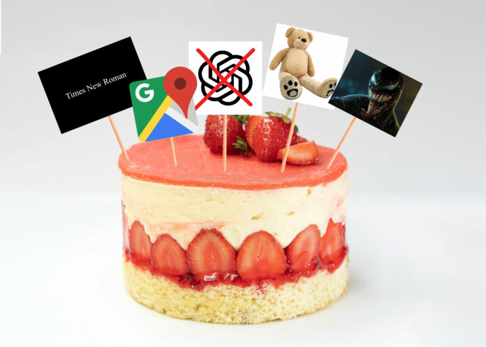 hear-me-out-cake A cake with the following things on them: A block that says “Times New Roman size 12” on it, the Google Maps logo, the ChatGPT logo with a big X through it, and a picture of Venom.