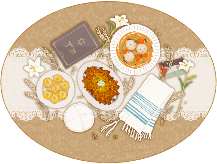 This is an illustration of kippahs, tallits, a hebrew bible, lillies, and traditional foods like matzo ball soup, knishes, and latkes spread out on a table in an aesthetically pleasing way. There’s also a Palestine flag laying on the table, though not in the middle or overly prominent.