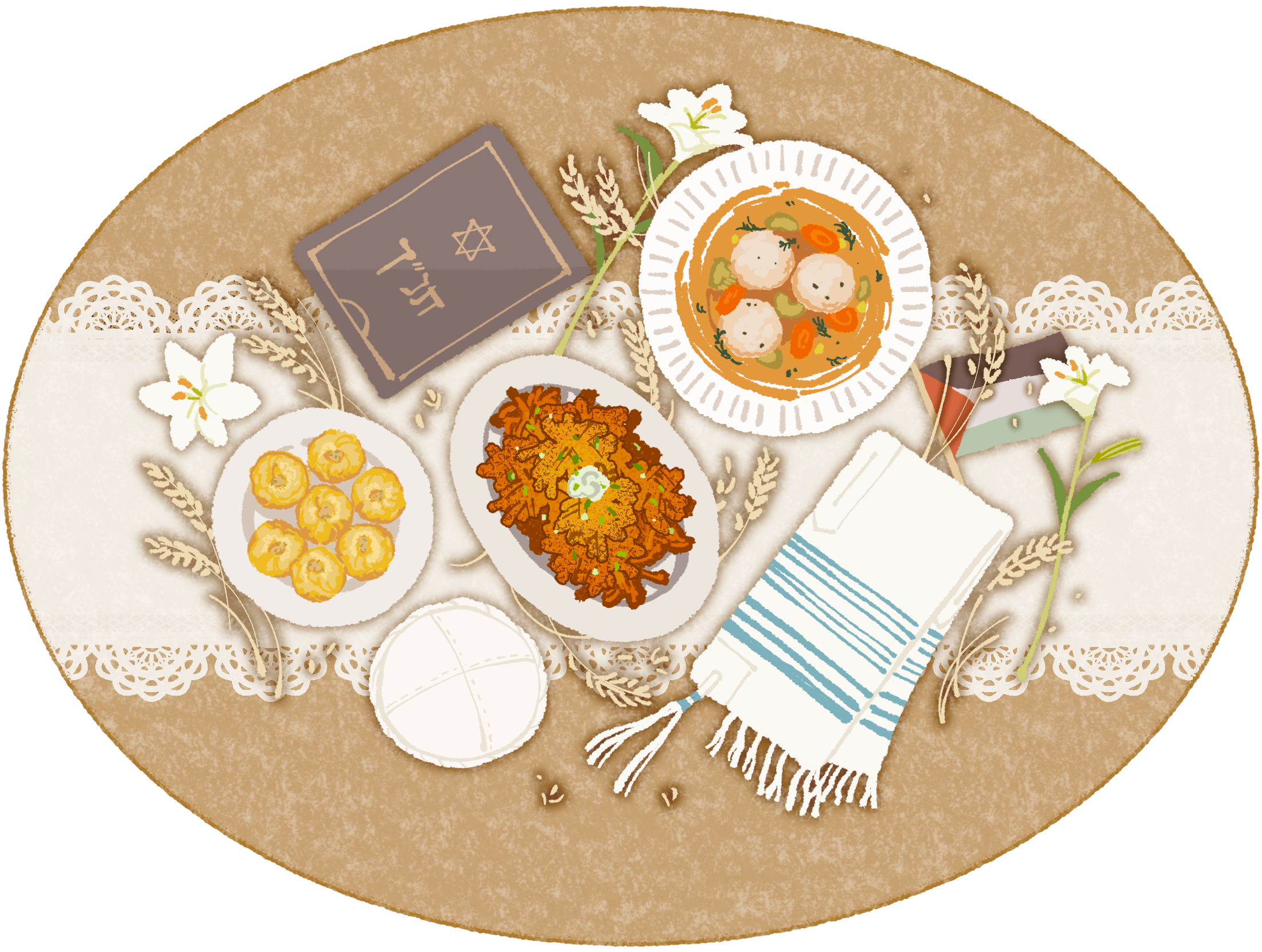 This is an illustration of kippahs, tallits, a hebrew bible, lillies, and traditional foods like matzo ball soup, knishes, and latkes spread out on a table in an aesthetically pleasing way. There’s also a Palestine flag laying on the table, though not in the middle or overly prominent.