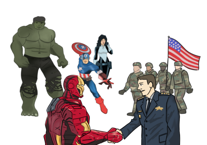 victorialo.marvel An illustration of an American military officer shaking hands with Iron Man in the foreground, in the background are a group of MCU heroes one one side and American soldiers on the other