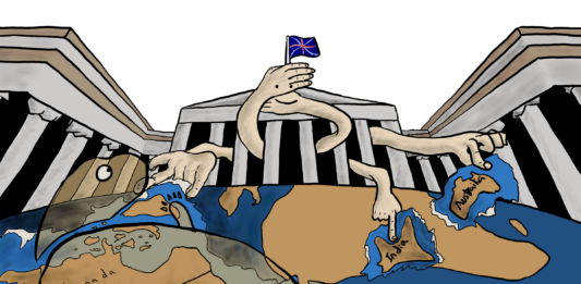 Hands sticking out of the exterior front of the British Museum, reaching out to Turtle Island, India, and Australia. At the bottom, the text reads “the sun never sets on a totally authentic collection.” A small British flag is perched at the top of the museum.