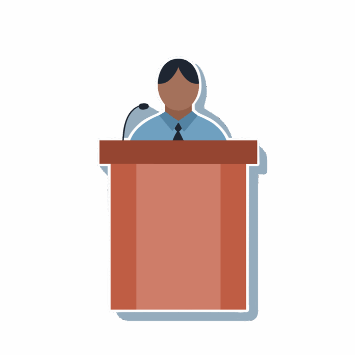 This is an illustration of a man standing at a podium.