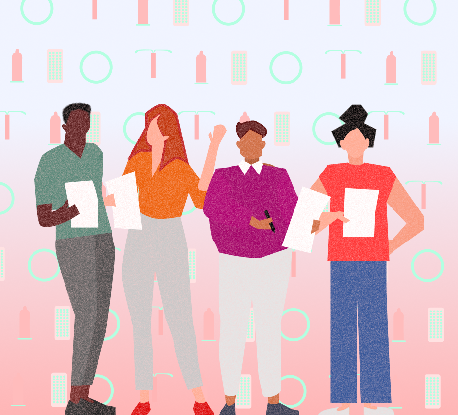 This is a vibrant illustration of people of various genders, body types, and skin tones holding pencils and pieces of paper. Sexual and reproductive health symbols (like condoms, IUDs, birth control) are patterned in the backdrop.