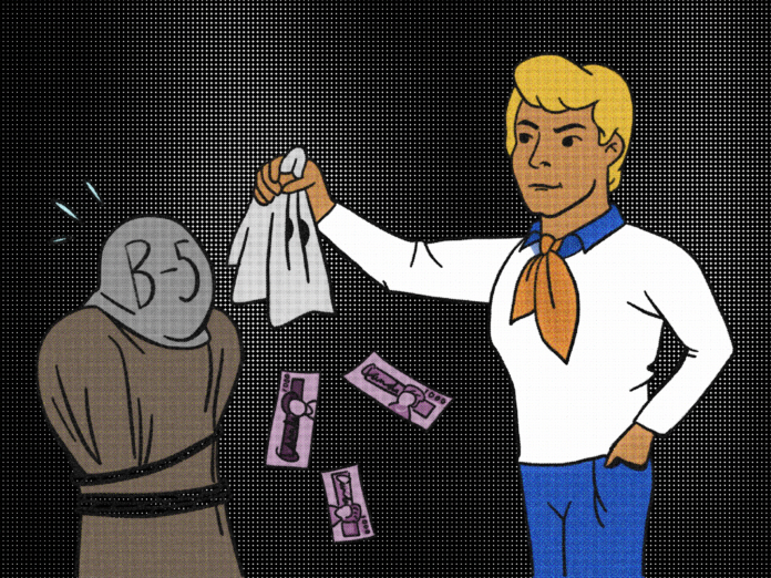 cartoon of a blond man uncovering another individual with a mask while money falls out