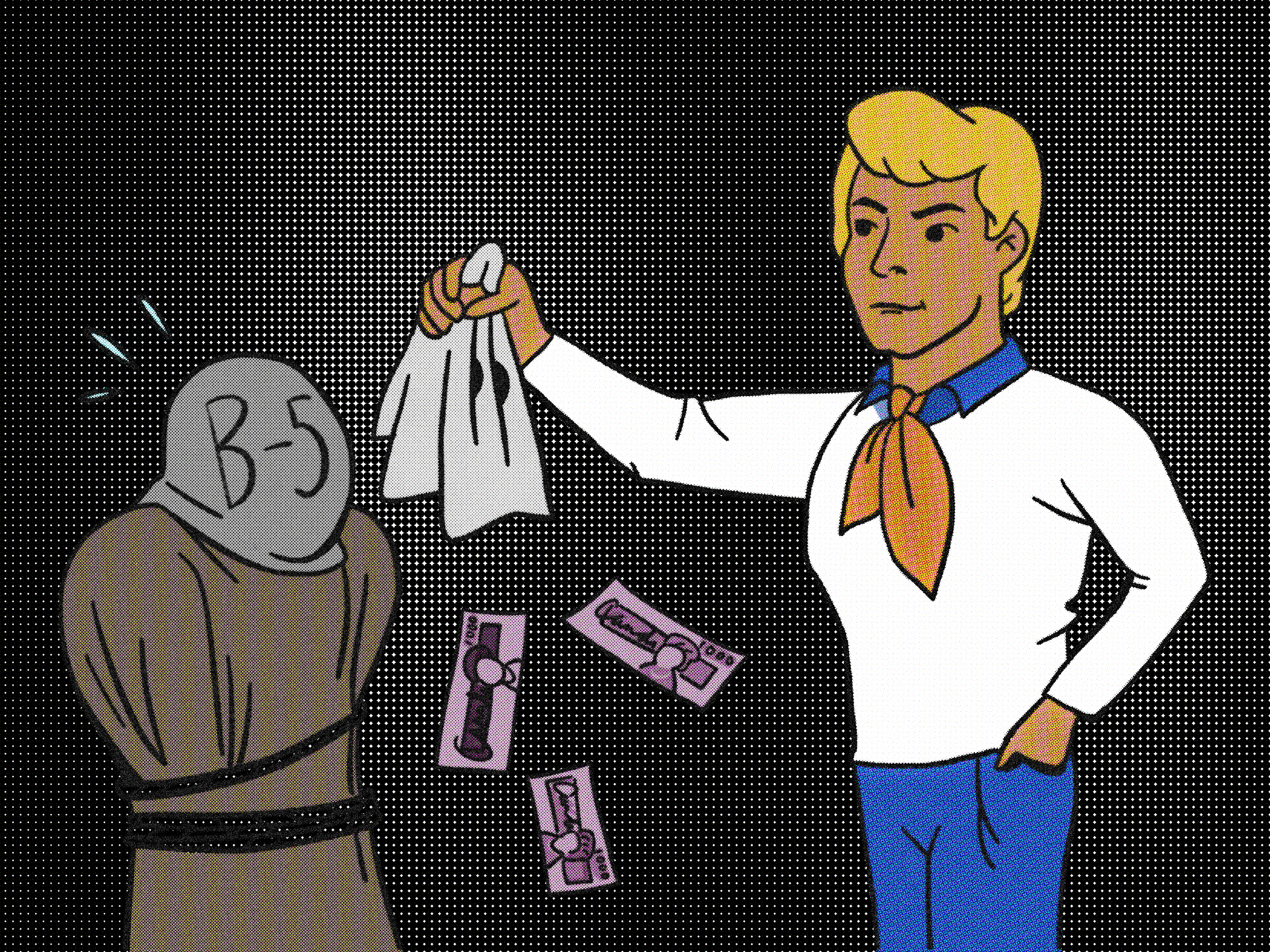 cartoon of a blond man uncovering another individual with a mask while money falls out