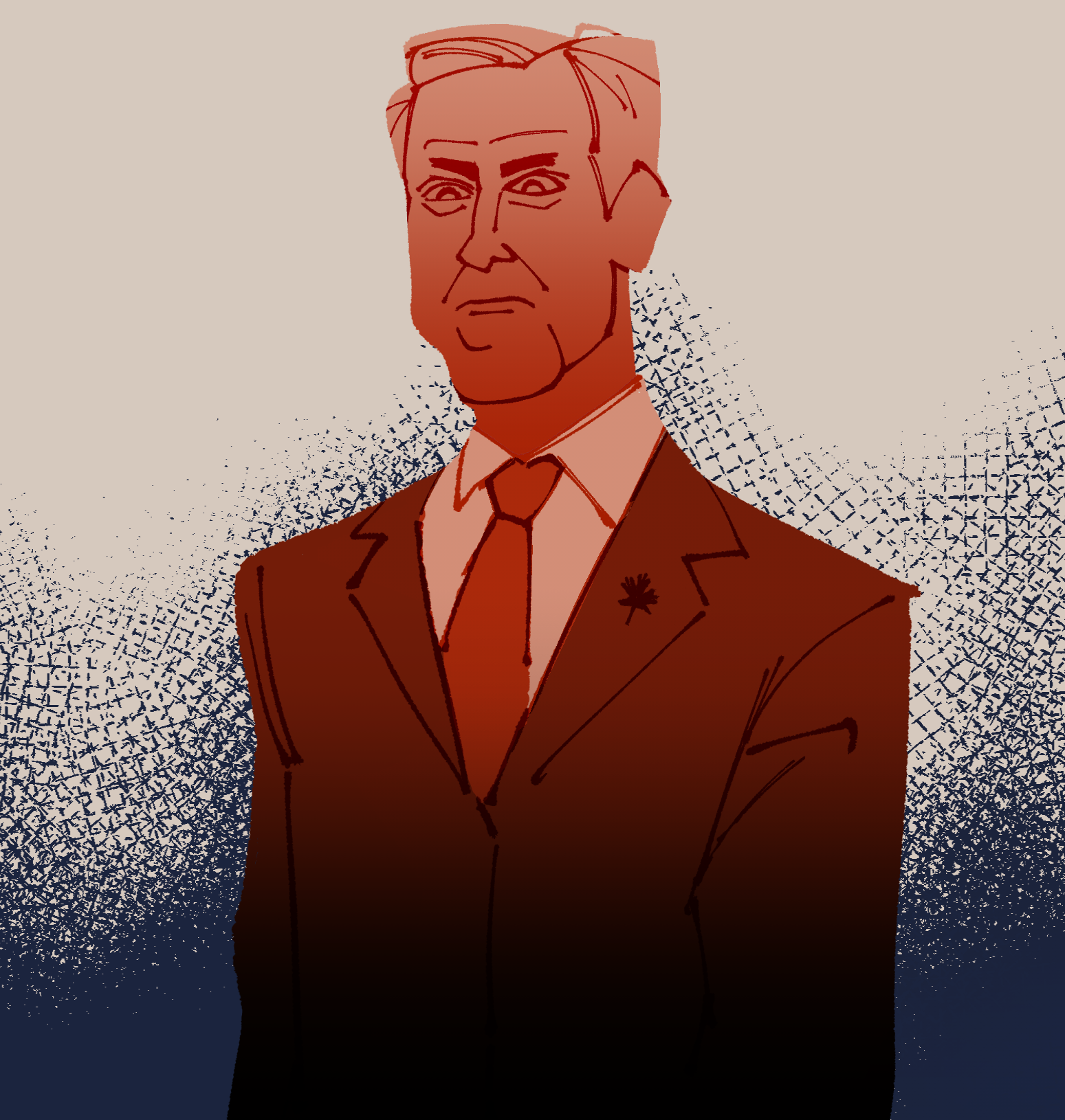 An illustration of Prime Minister Mark Carney in hues of pink and red. He has a maple leaf lapel pin on his blazer.