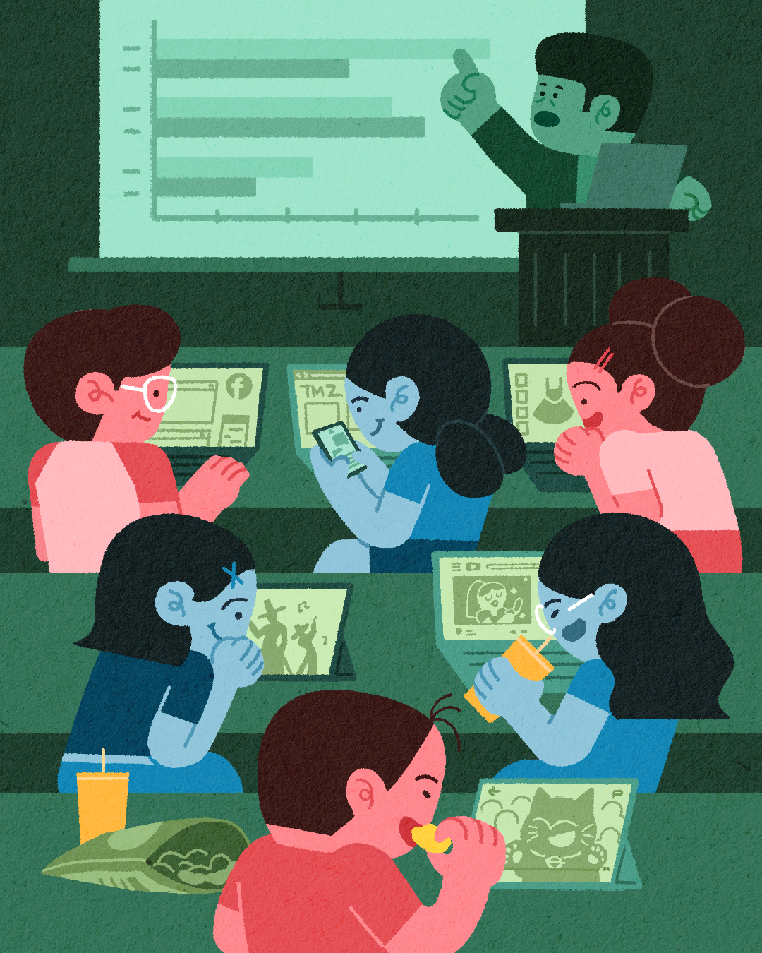 ILLUSTRATION: a lecture hall, with students using their electronic devices (laptops, and tablets). Some are online shopping, some are one social media websites, and others are messaging their friends. While a professor is lecturing in front of the class.