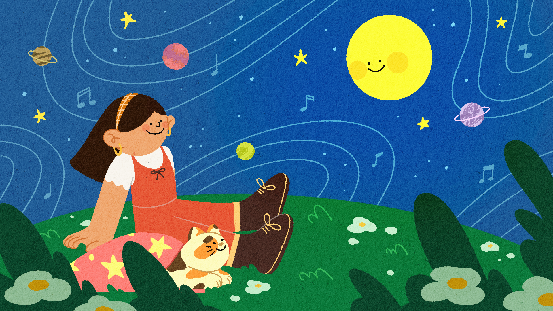 It is an illustration of a girl sitting on a patch of grass staring into the night sky full of stars and other astronomical objects