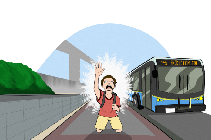 An illustration of a devastated student on their knees putting a hand up in surrender, as a 145 production station bus drives away.
