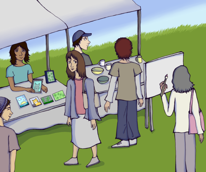 This is an illustration of the Eastside Arts Festival, with rows of tents of vendors selling crafts and artistic goods while some festival-goers paint on a canvas