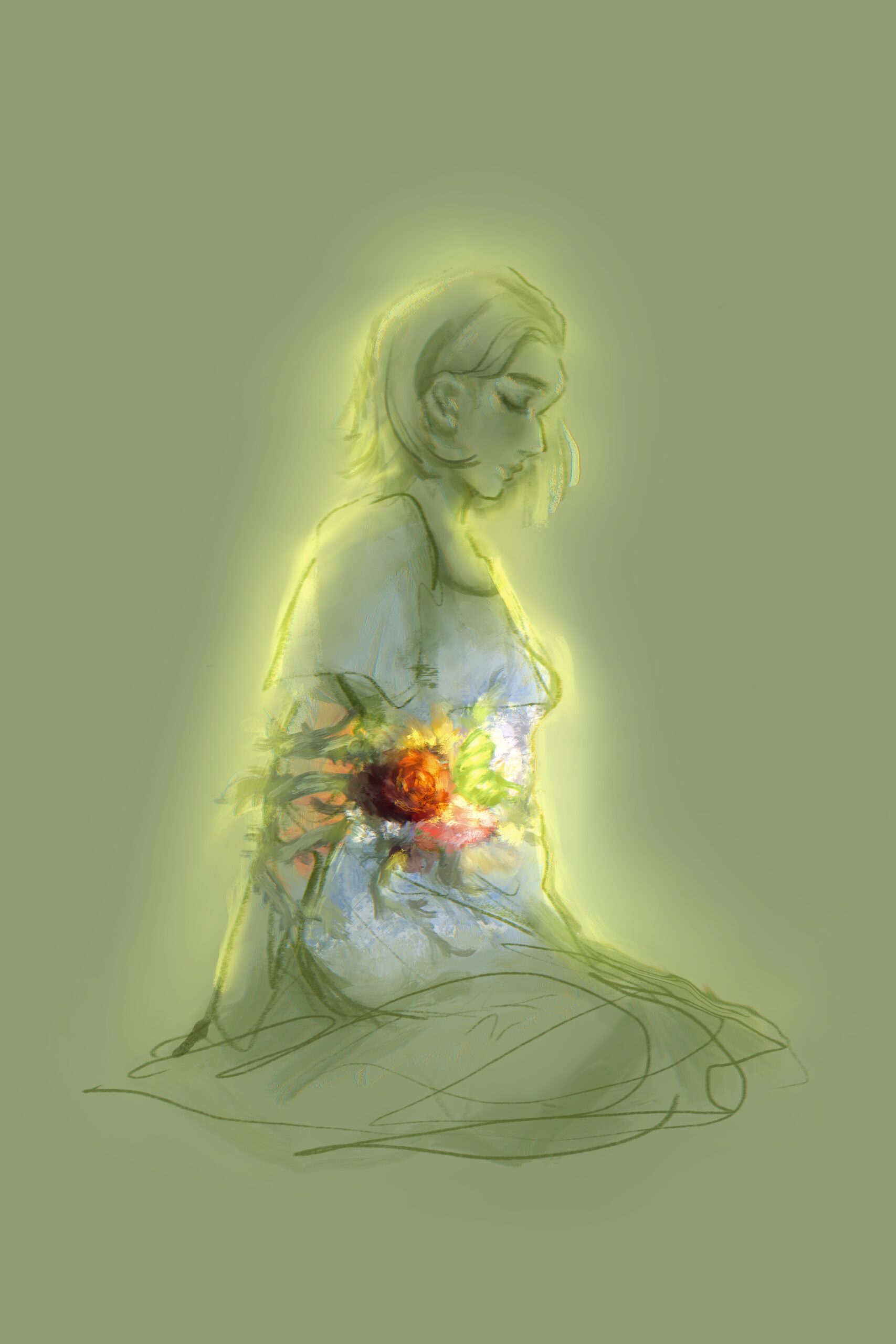 A girl sitting sideways, with her legs tucked underneath her. There are flowers growing out of her right abdomen. Her face is solemn. The background is green.
