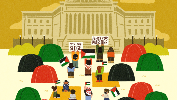This is an illustration of the Gaza Solidarity encampments at Columbia University with the university’s library in the background