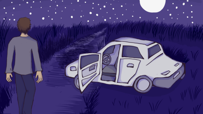 This is an illustration of a young adult walking towards the abyss along a deserted road with their car doors open