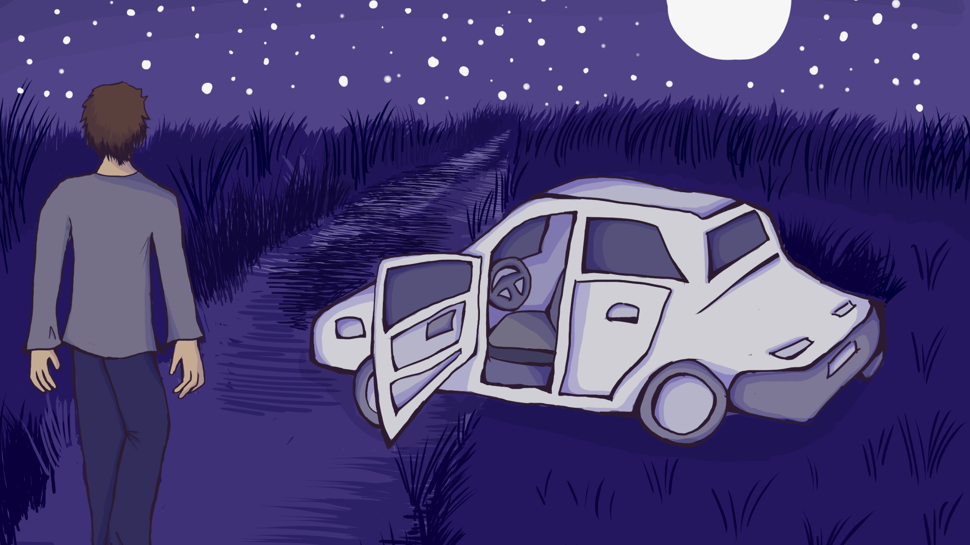 This is an illustration of a young adult walking towards the abyss along a deserted road with their car doors open