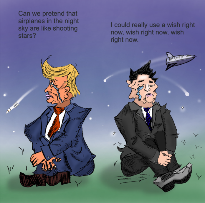 Trump and Musk sitting on opposite sides of the frame. They are both shedding a tear as they look beyond. The sky is black.