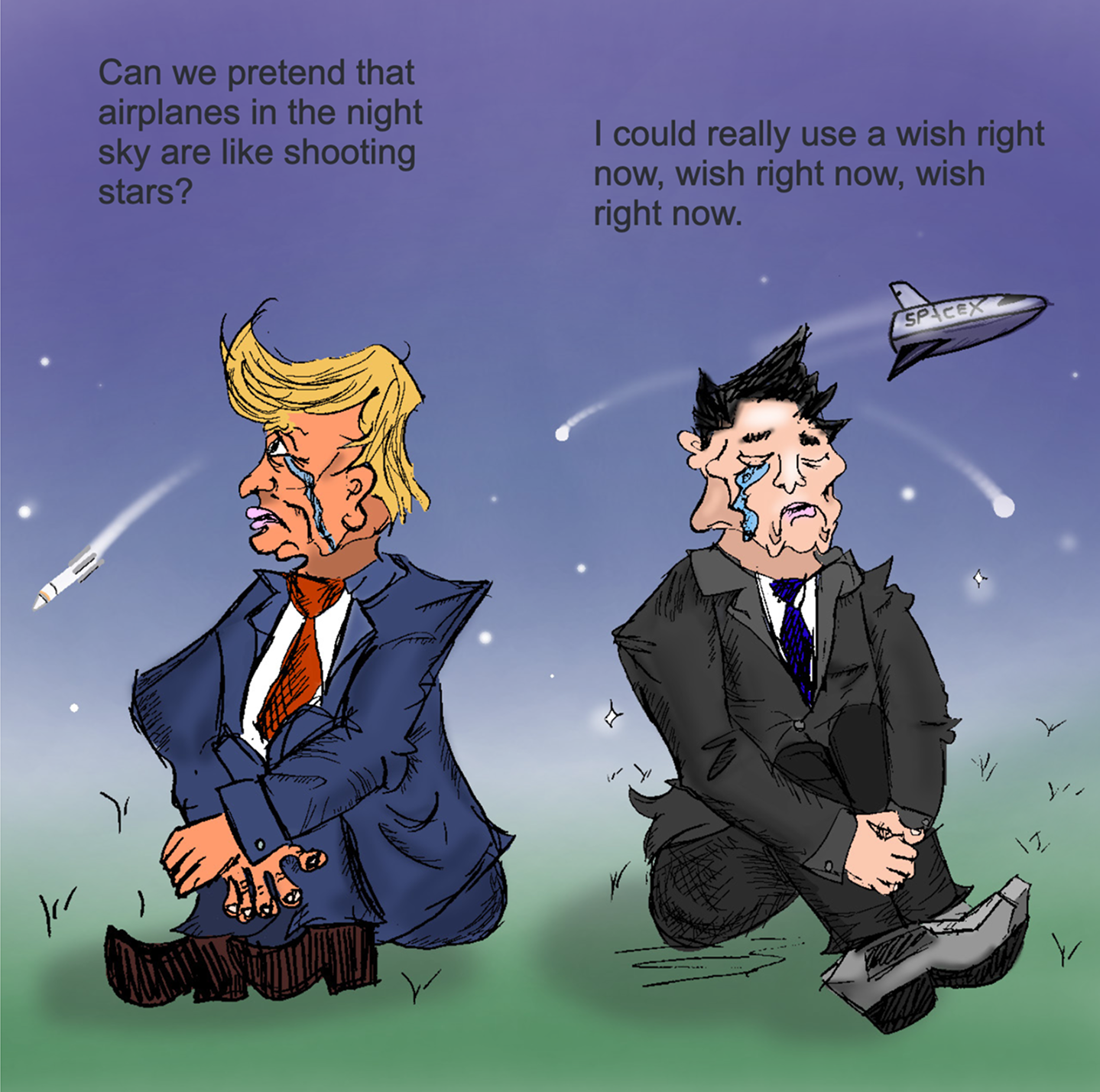 Trump and Musk sitting on opposite sides of the frame. They are both shedding a tear as they look beyond. The sky is black.