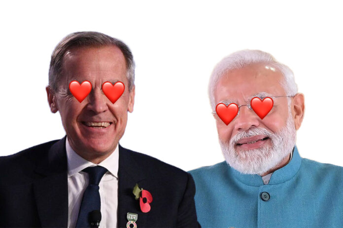 Modi and Carney angled toward each other with heart eyes to symbolize their bromance.