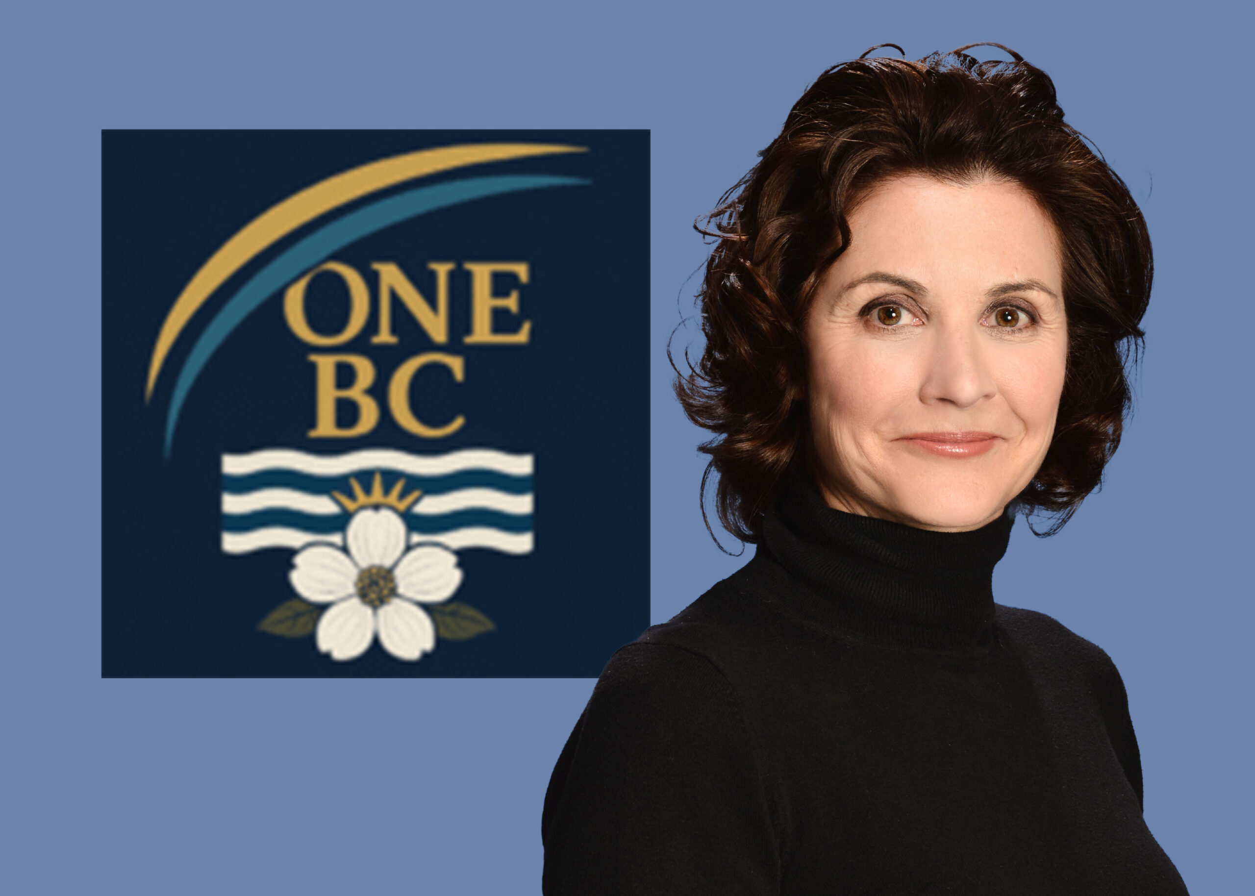 A middle-aged woman standing in front of the logo of the new OneBC Party