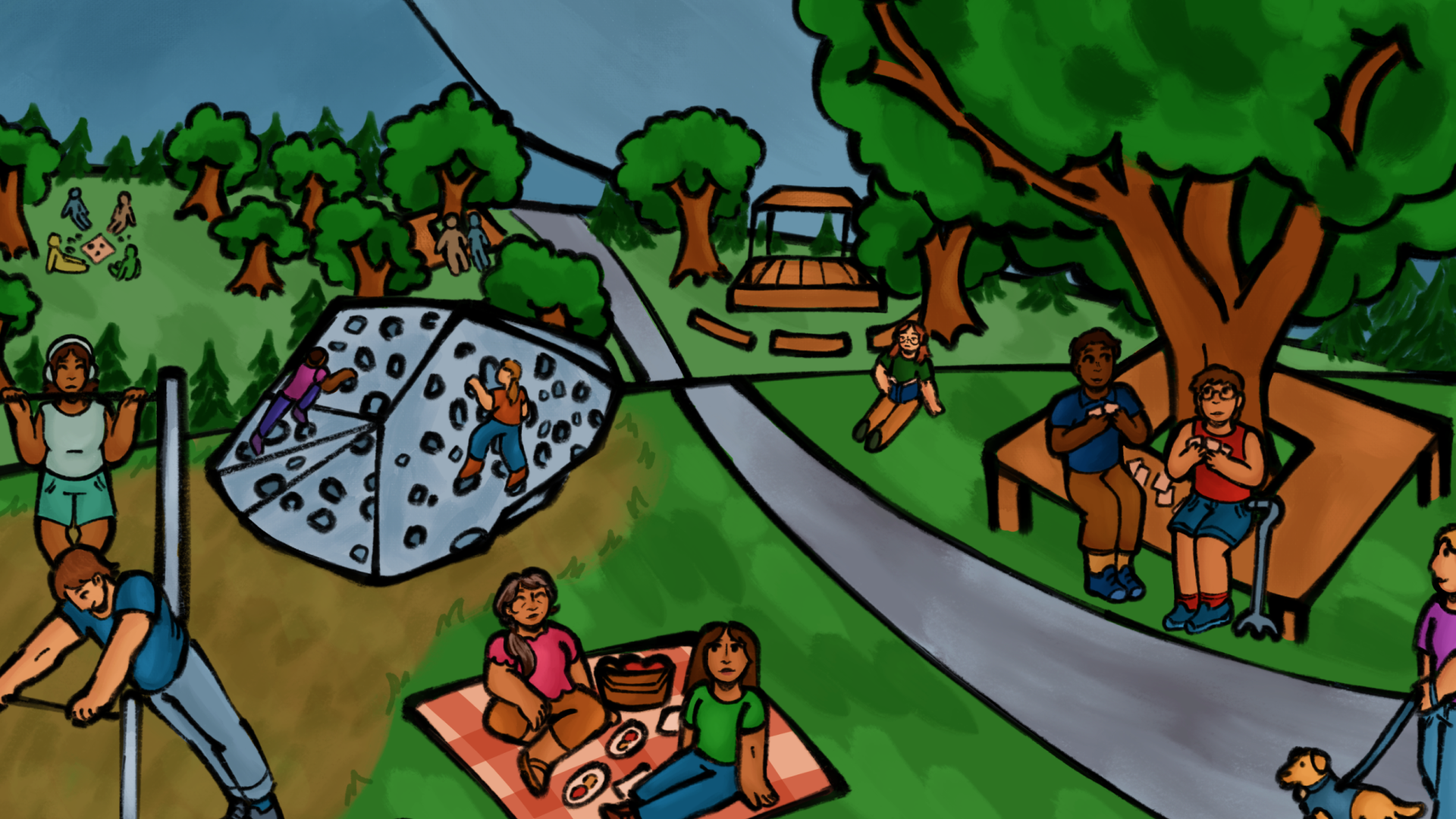 Illustration of a park filled with young adults engaged in various activities. A stone amphitheater, an exercise area, and a rock wall can be seen in the background.