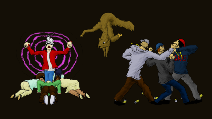 Three pictures. (1) of a student with rays emitting from his body. Students are bowing down at his feet. (2) of three DKE frat bros getting into a brawl with each other. (3) of an upside down squirrel doing yoga.