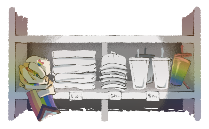 ILLUSTRATION: a market shelf with Pride merch being pushed aside, while non-descriptive merch is placed front and centre.