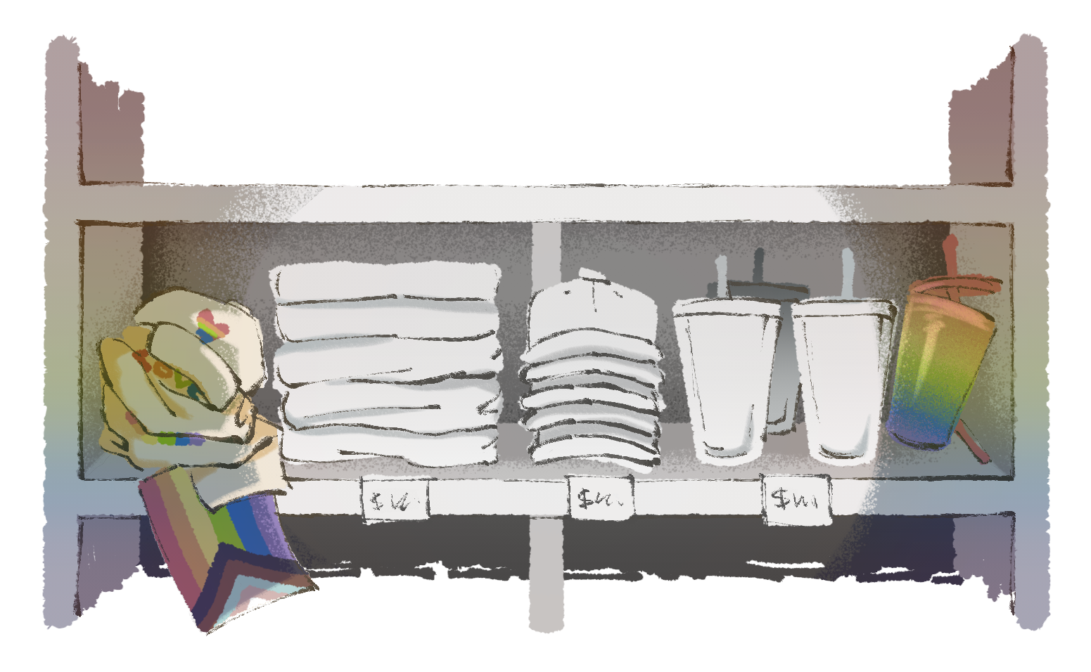 ILLUSTRATION: a market shelf with Pride merch being pushed aside, while non-descriptive merch is placed front and centre.