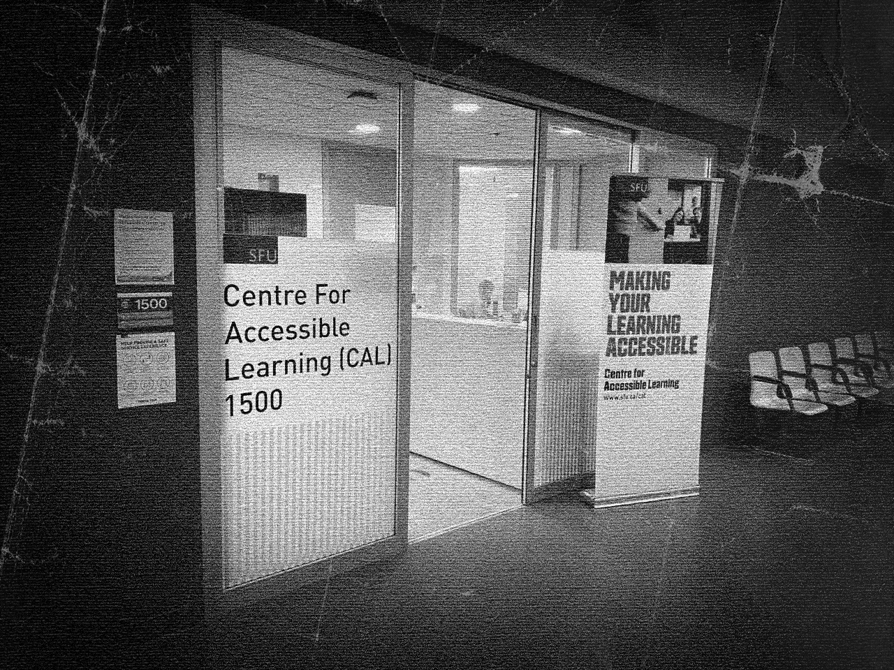A black and white photograph of the CAL office at SFU Burnaby campus.