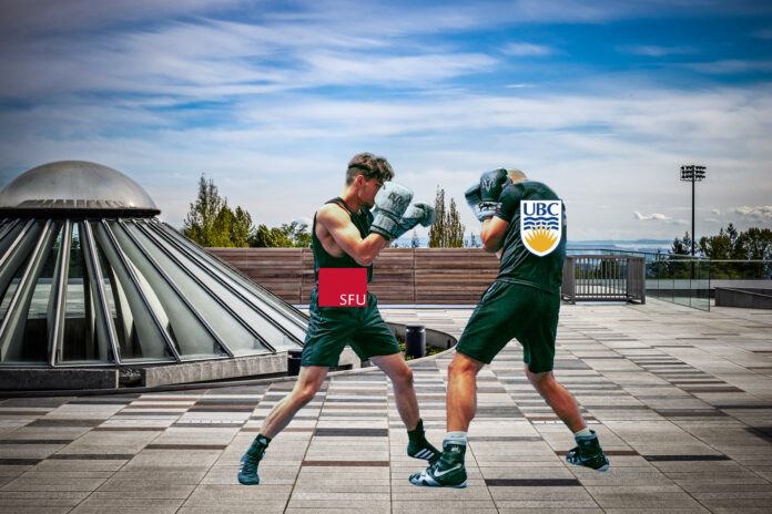 Two boxers representing SFU and UBC beefing it out on an sfu rooftop