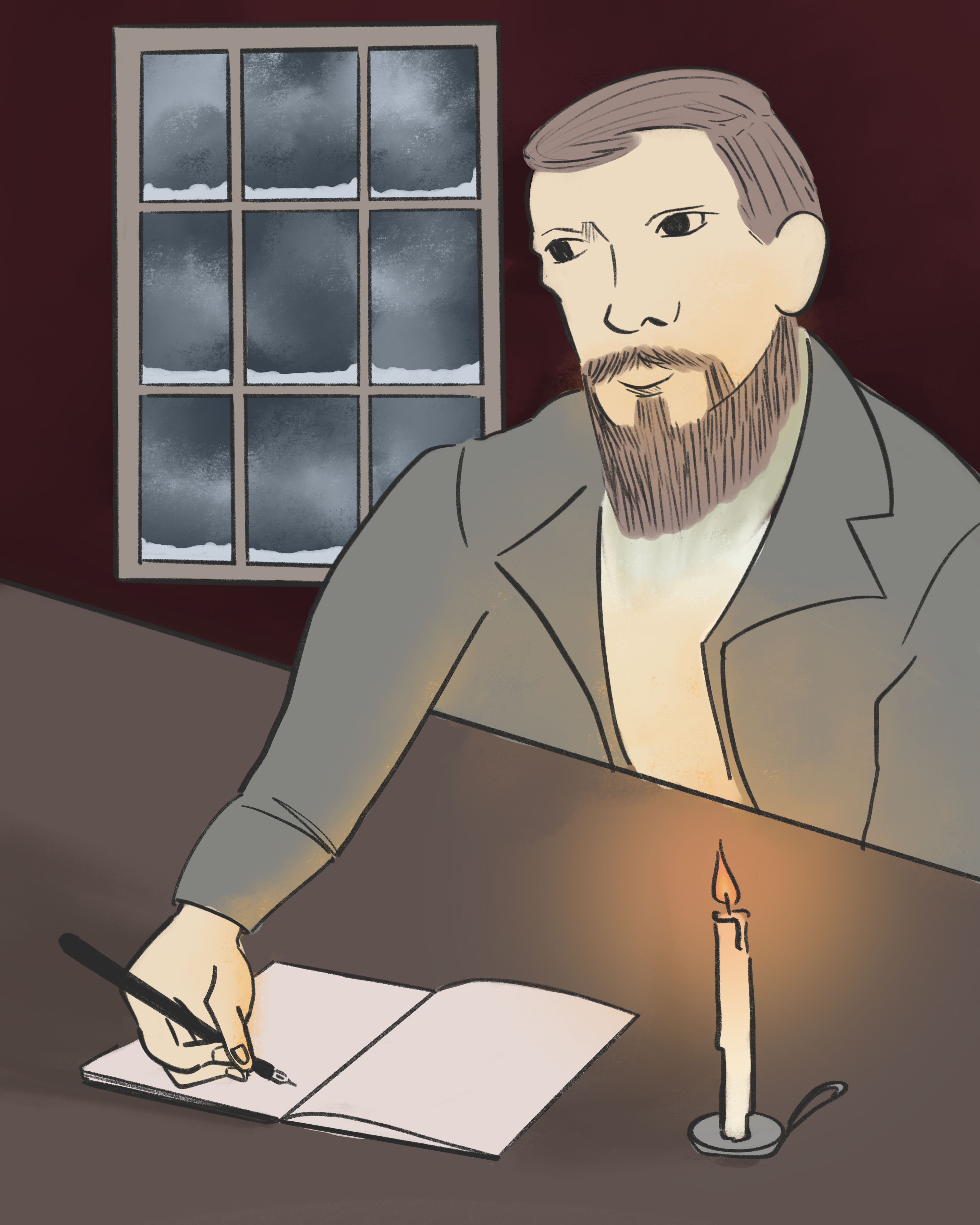 It is an illustration of a portrait of Fyodor Dostoevsky writing his book under a candle light in a dimly-lit room