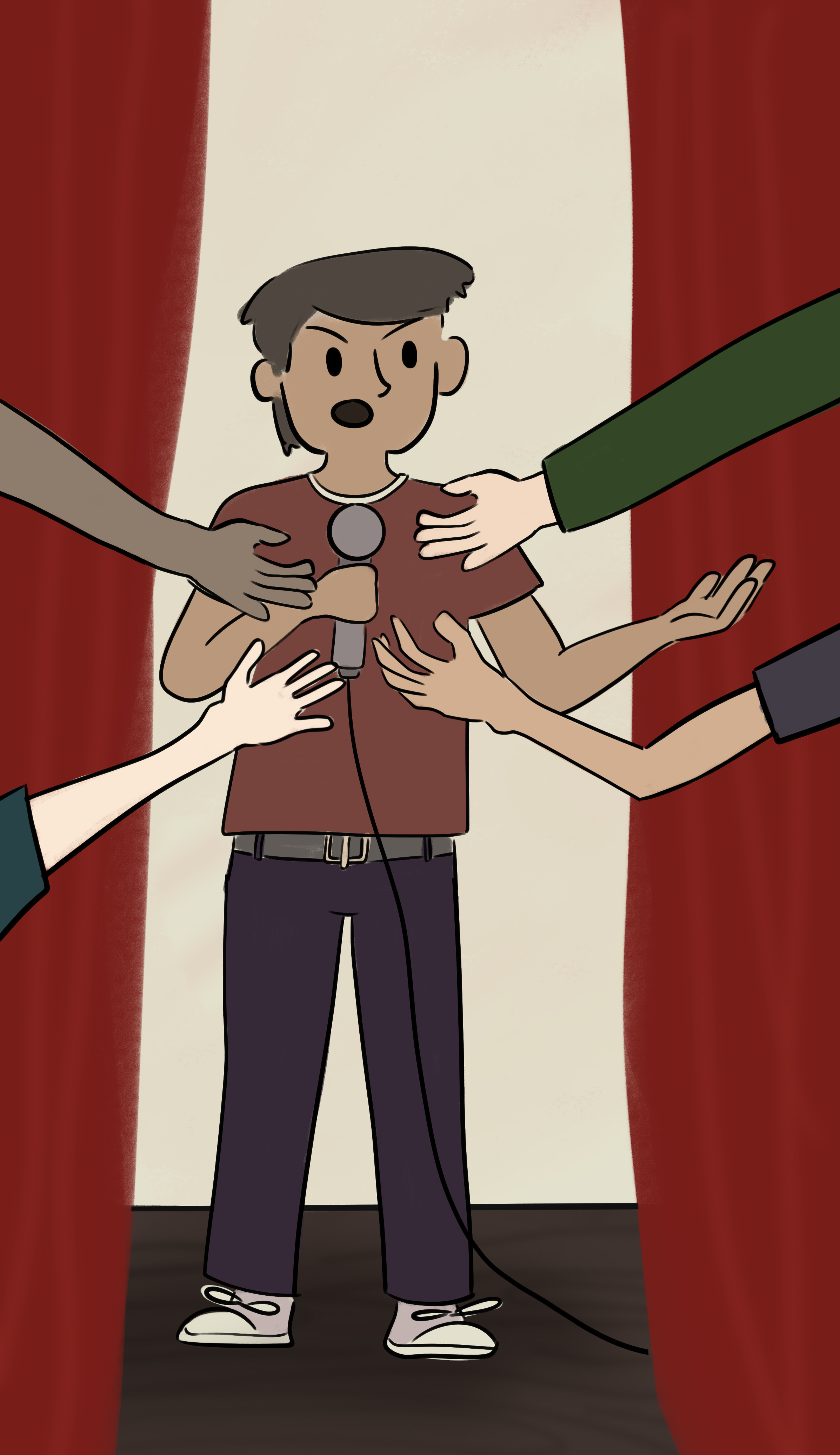 An illustration of a person standing on a stage with a microphone in hand. Four arms reach out to grab the microphone from them.