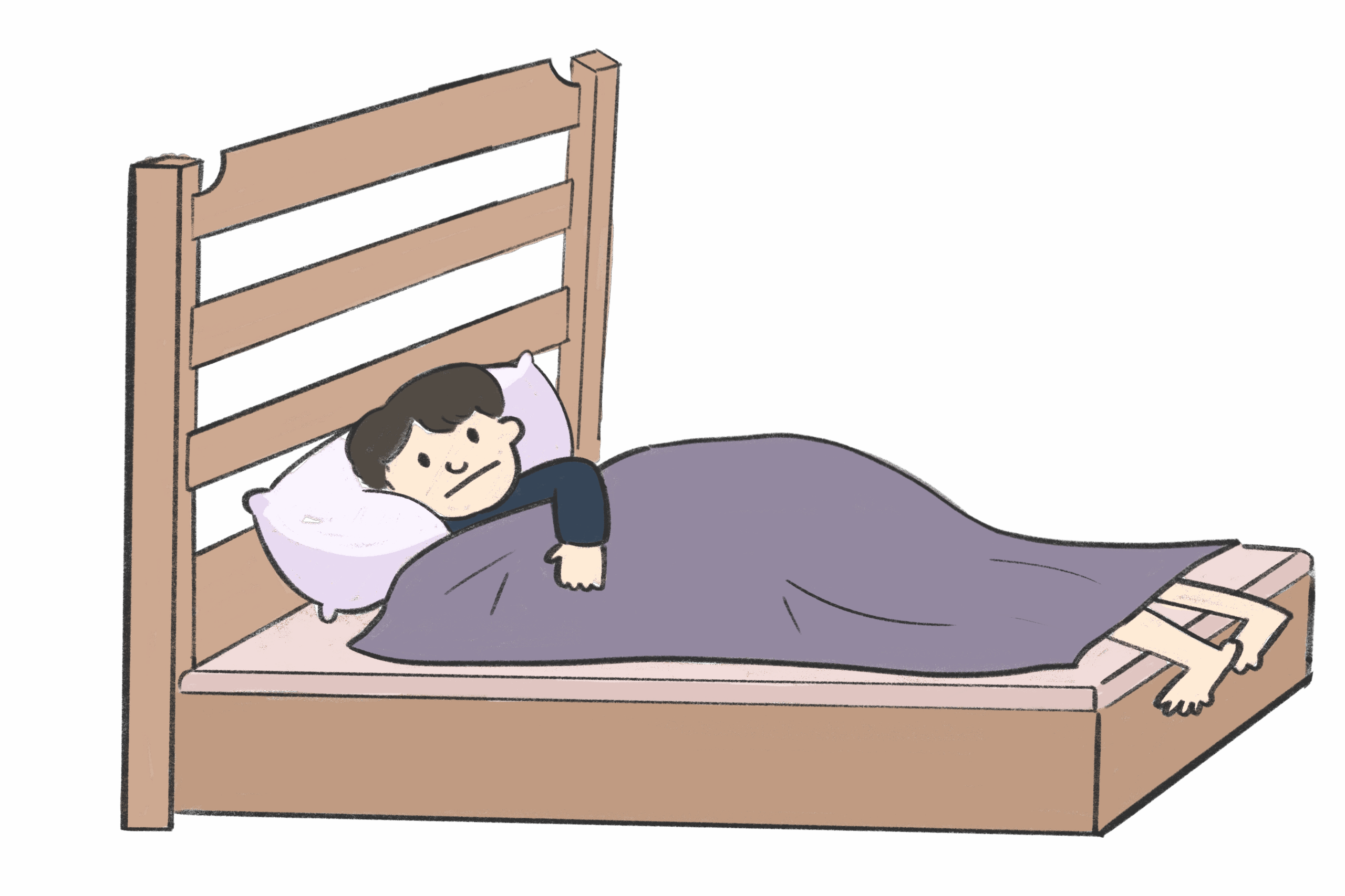 an illustration of a person laying in bed, under the covers, with their feet sticking out because they’re too tall!