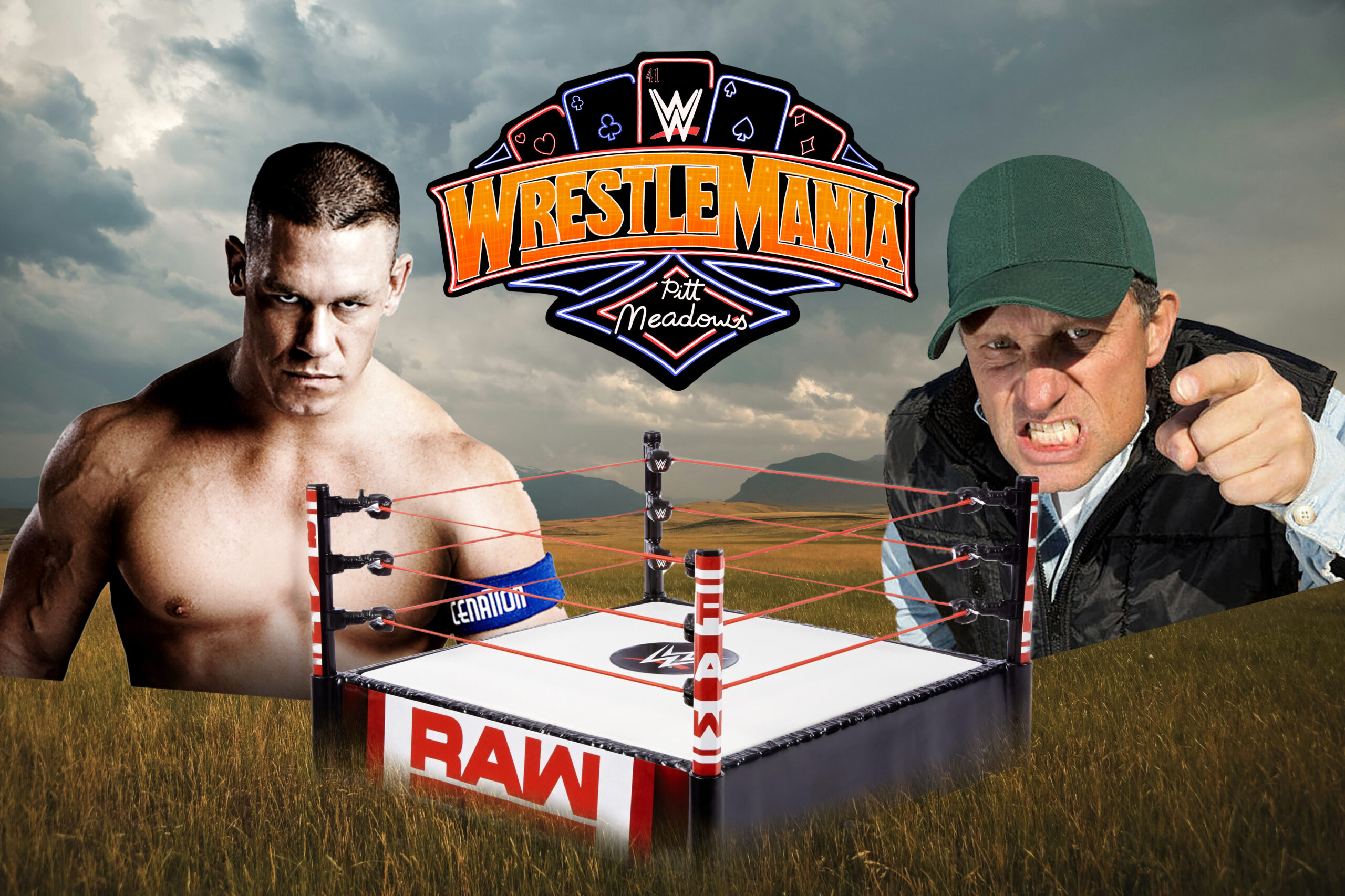 A WWE ring put on a grassy field/farm. The WrestleMania Pitt Meadows illustration should be hanging from the top of the image, over the ring. Inside should be John Cena and a hillbilly looking farmer getting ready to square up.