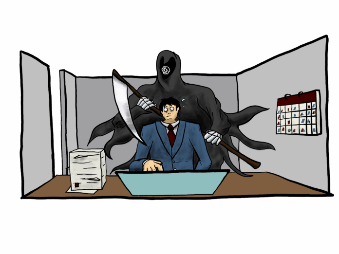 yantingleung - aiandjobs-3 job seeker with laptop sitting at a desk with AI reaper behind him