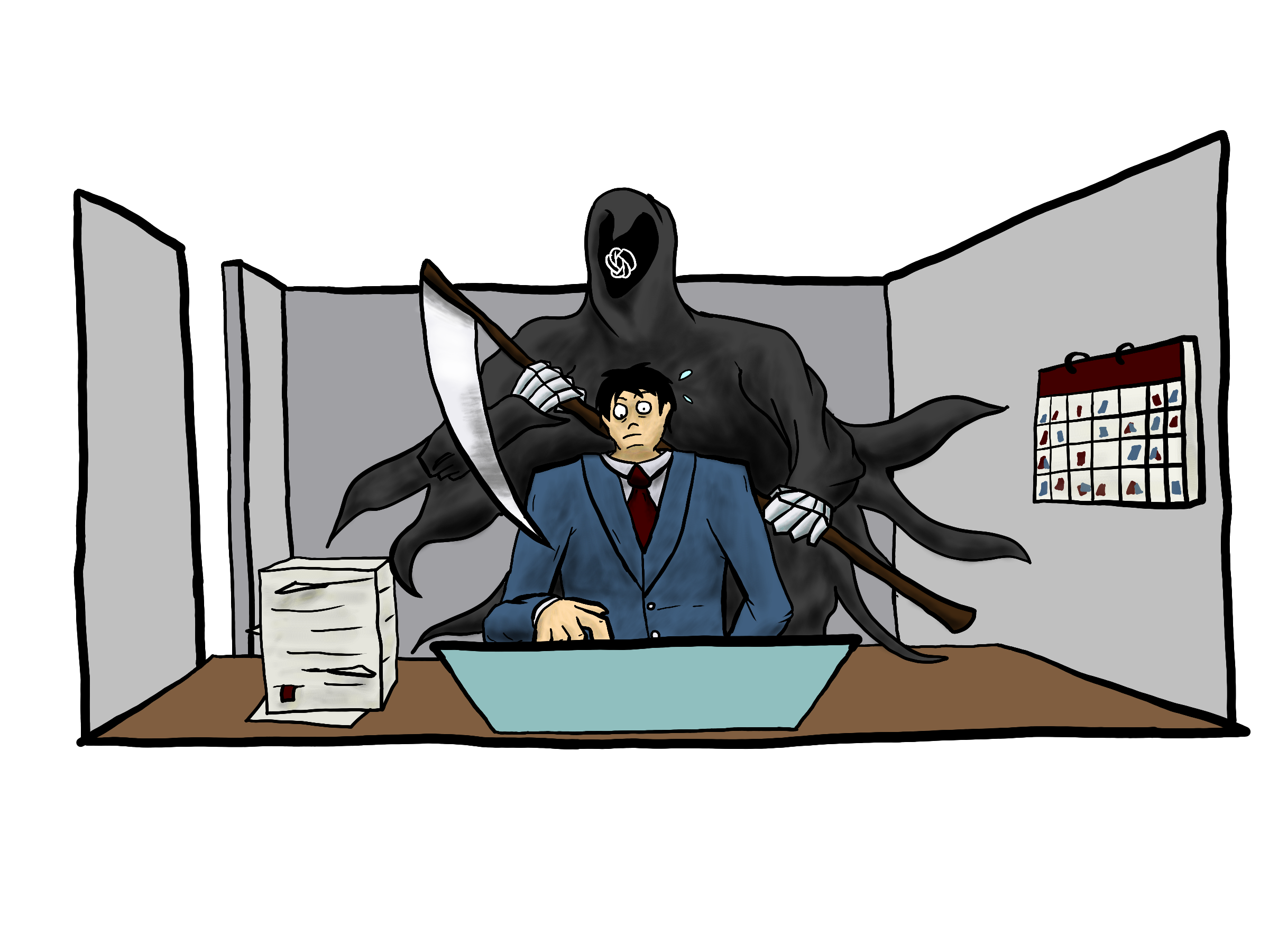 job seeker with laptop sitting at a desk with AI reaper behind him