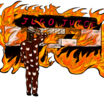 The Peak investigates: Jugo Juice closure A personified coffee cup wearing Hello Kitty pajamas stands in front of a burning Jugo Juice. He is tipping his coffee lid as a sign of respect, almost remorseful for his actions.