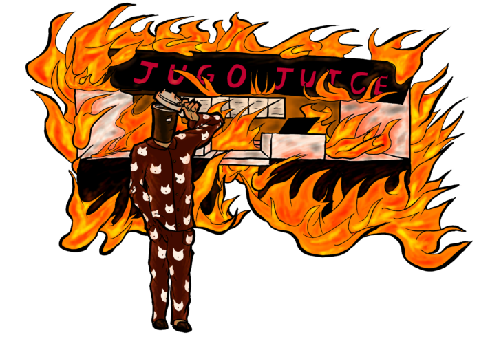 A personified coffee cup wearing Hello Kitty pajamas stands in front of a burning Jugo Juice. He is tipping his coffee lid as a sign of respect, almost remorseful for his actions.